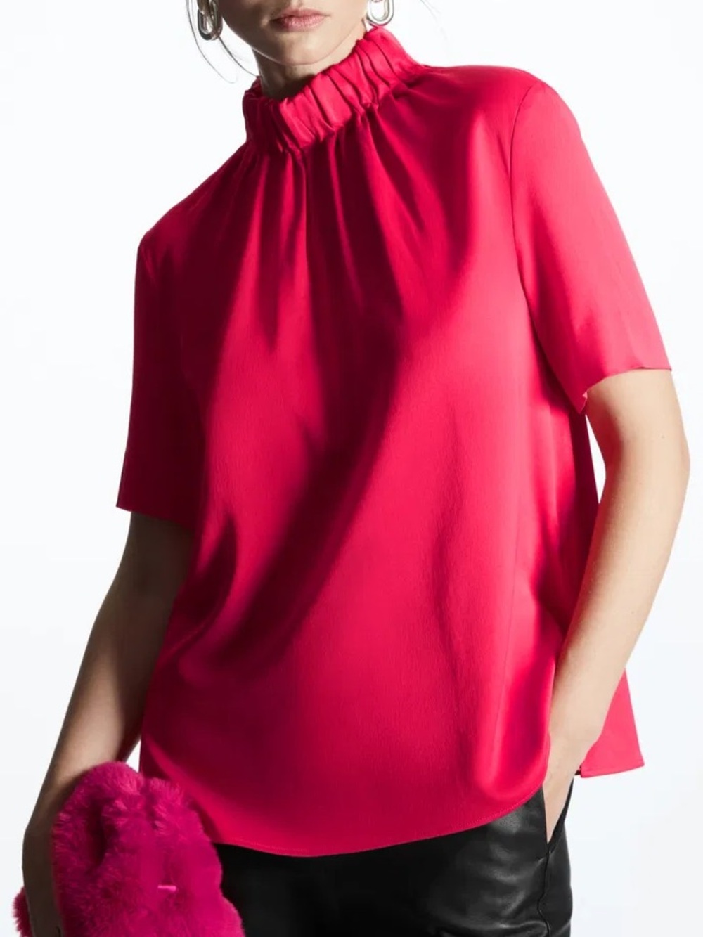 COS Bright Pink Elastic-Neck Satin Top - Picture 3 of 4